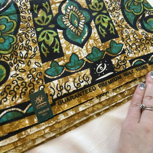 Alinas African Wax Block Print Fabric Teal Green Brown Floral ~5.5 Yds Cotton - Picture 5 of 6